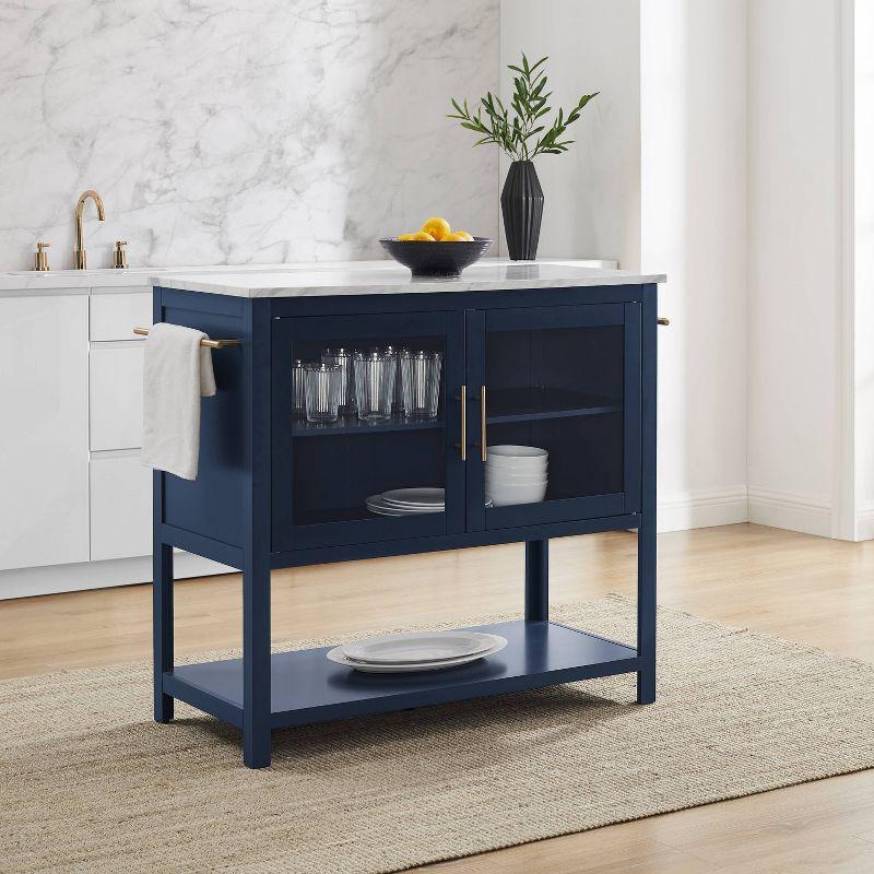 Navy Kitchen Island with Faux Marble Top and Glass Doors