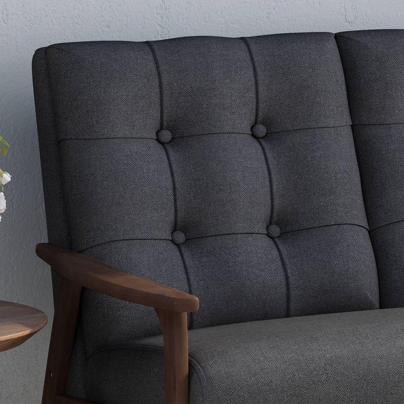 Mid-Century Black Tufted Fabric Loveseat with Walnut Wood Frame