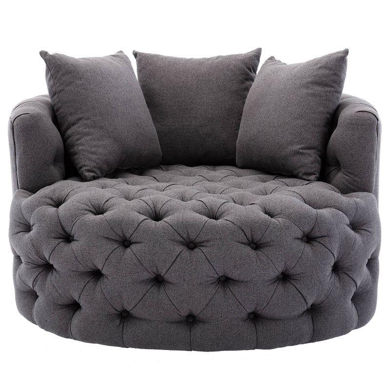 Dark Gray Tufted Swivel Barrel Chair with Pillows