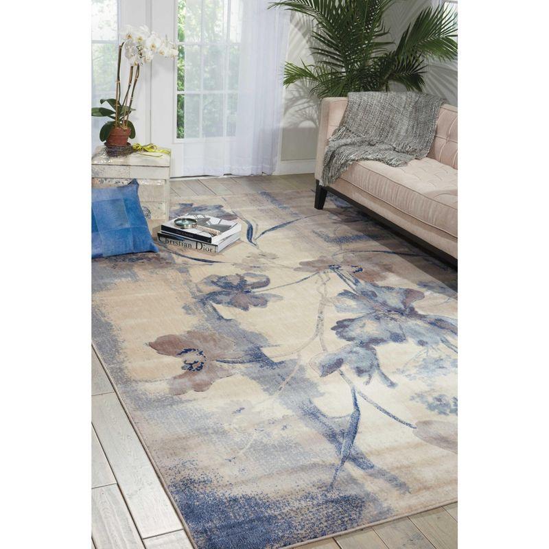 Ivory and Blue Floral Synthetic Rectangular Rug 9'6" x 13'