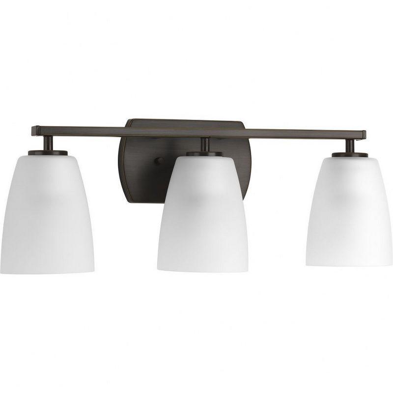 Progress Lighting Leap Collection 3-Light Bath Vanity in Antique Bronze with Tapered Etched Glass Shades