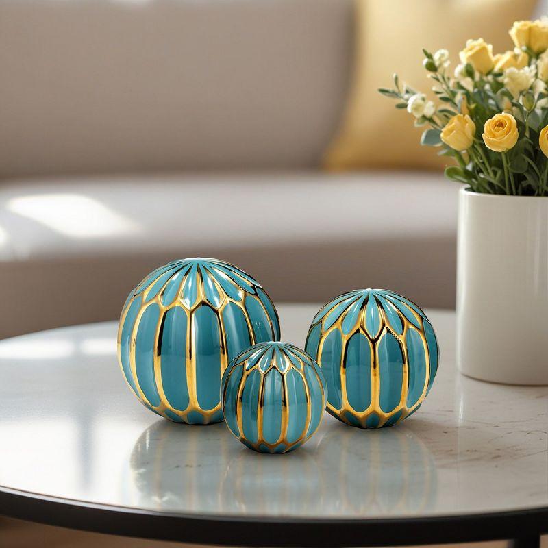 Sagebrook Home Set of 3 Decorative Orbs - Contemporary Turquoise and Gold Round Orb Decor - Ceramic Home or Office Table