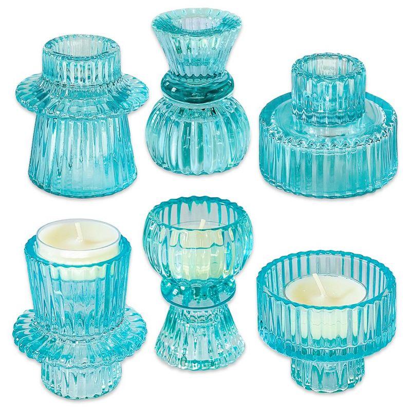 Blue Ribbed Glass Dual-Sided Candlestick and Tealight Holders Set