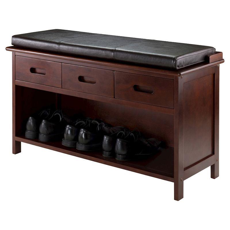 Adriana Entryway Storage Bench with Cushion Walnut - Winsome: Solid Wood, 3 Drawers, Faux Leather