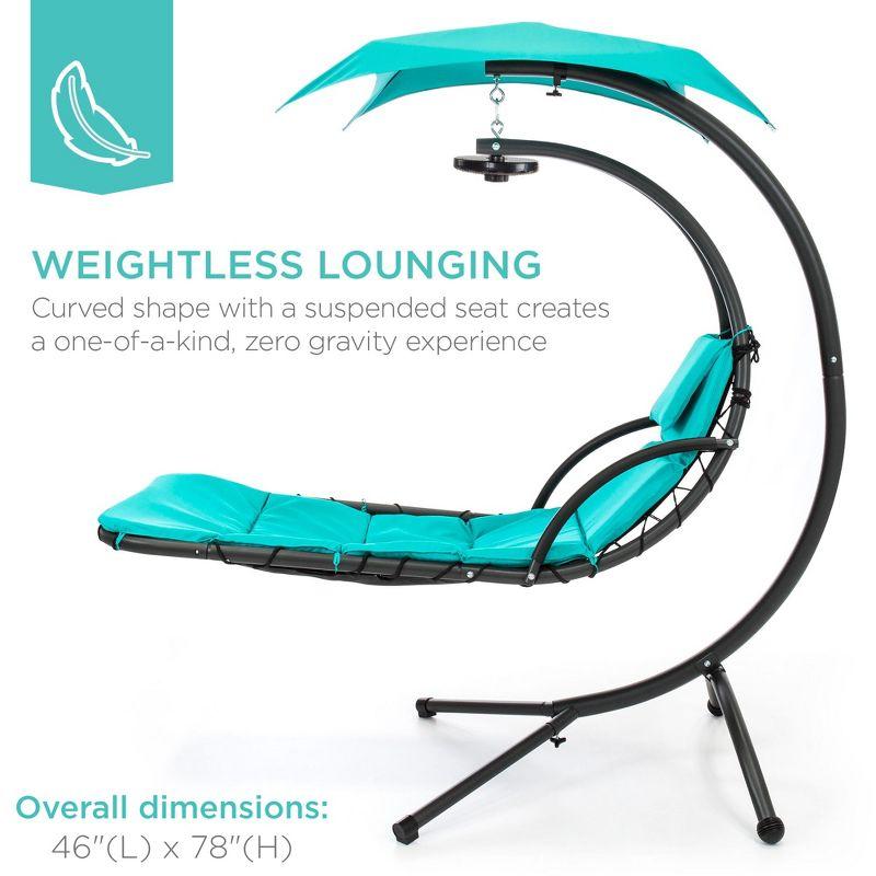 Best Choice Products Hanging LED-Lit Curved Chaise Lounge Chair for Backyard, Patio w/ Pillow, Canopy, Stand - Teal