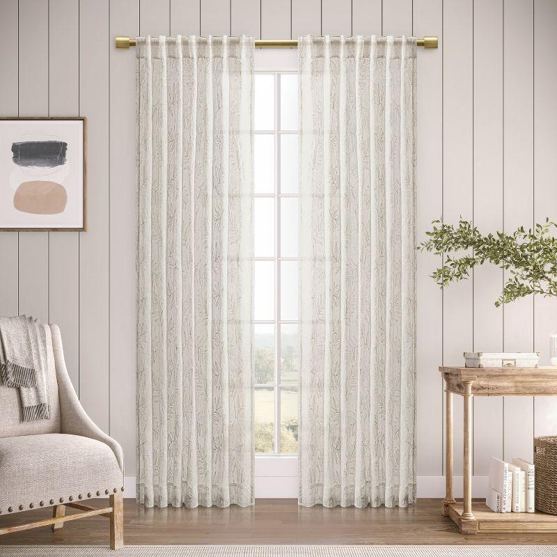 White Sheer Leaf Embroidered Rod Pocket Curtain Panel