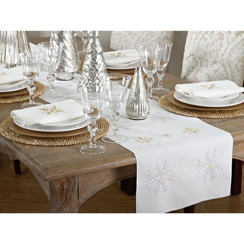 Ivory Polyester Snowflake Embroidered Winter Table Runner