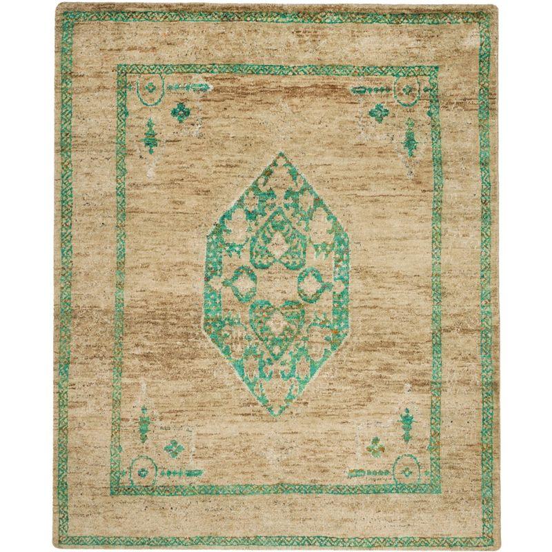 Hand-Knotted Beige and Emerald Wool Viscose 8' x 10' Rug