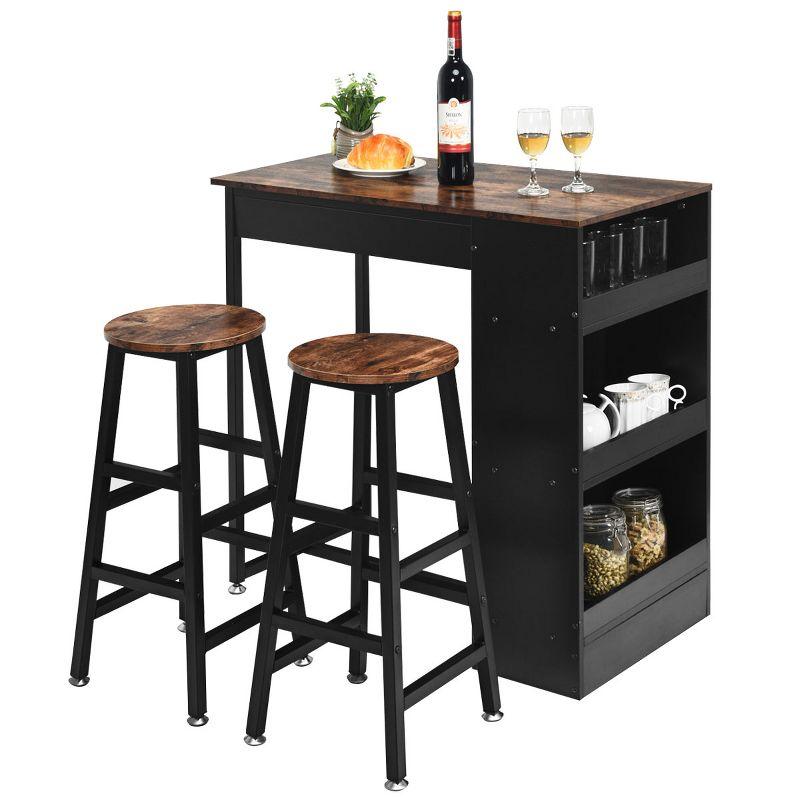 Costway 3 Pieces Bar Table Set Industrial Counter with Storage Black