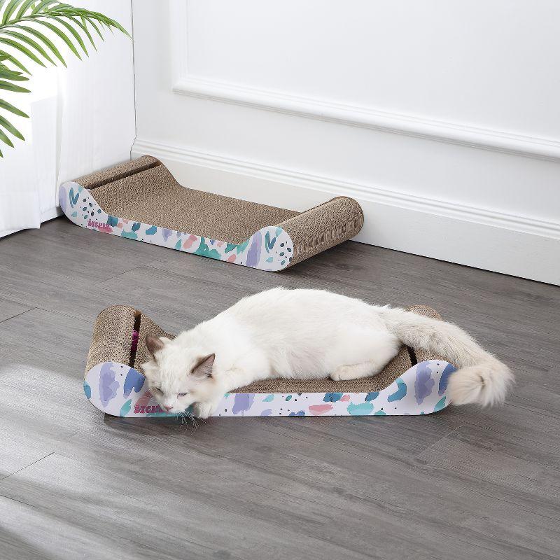 Rini 23.75" Modern Cardboard Lounge Bed Cat Scratcher with Built-In Bell Toys and Catnip, White/Multi (Set of 2)