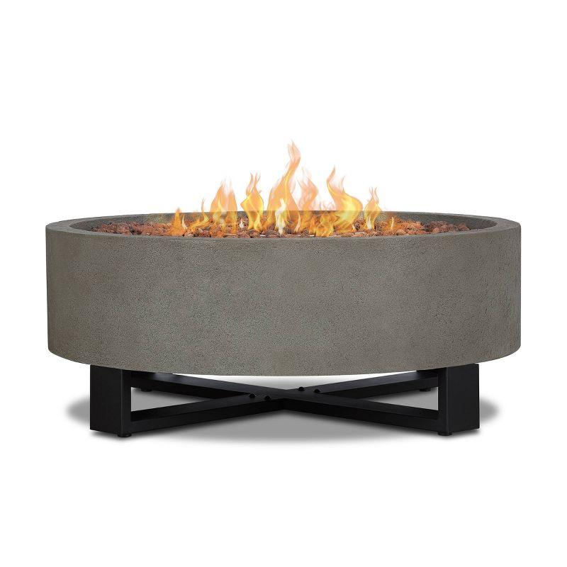 Idledale Round Gray Gas Fire Pit with Black Steel Base