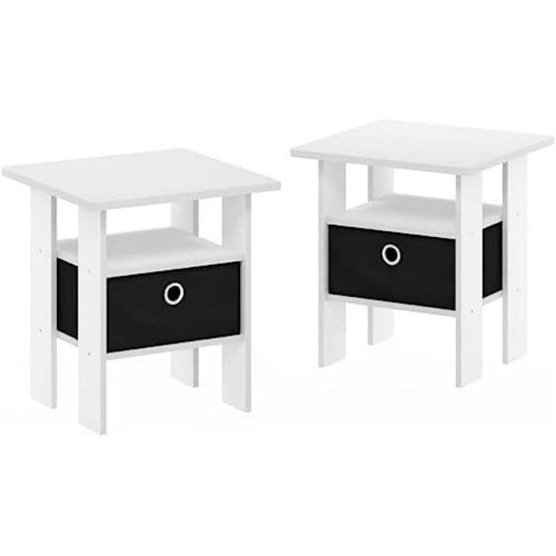 Furinno Andrey End Table Nightstand with Bin Drawer, White/Black, Set of 2