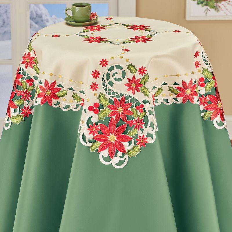 Vintage Poinsettia Embroidered Square Winter Table Topper