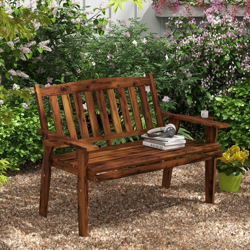 Outsunny Carbonized Fir Wood 2-Person Garden Bench with Cupholders