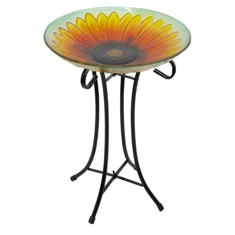 Northlight 20.5" Orange and Yellow Sunflower Glass Bird Bath with Stand