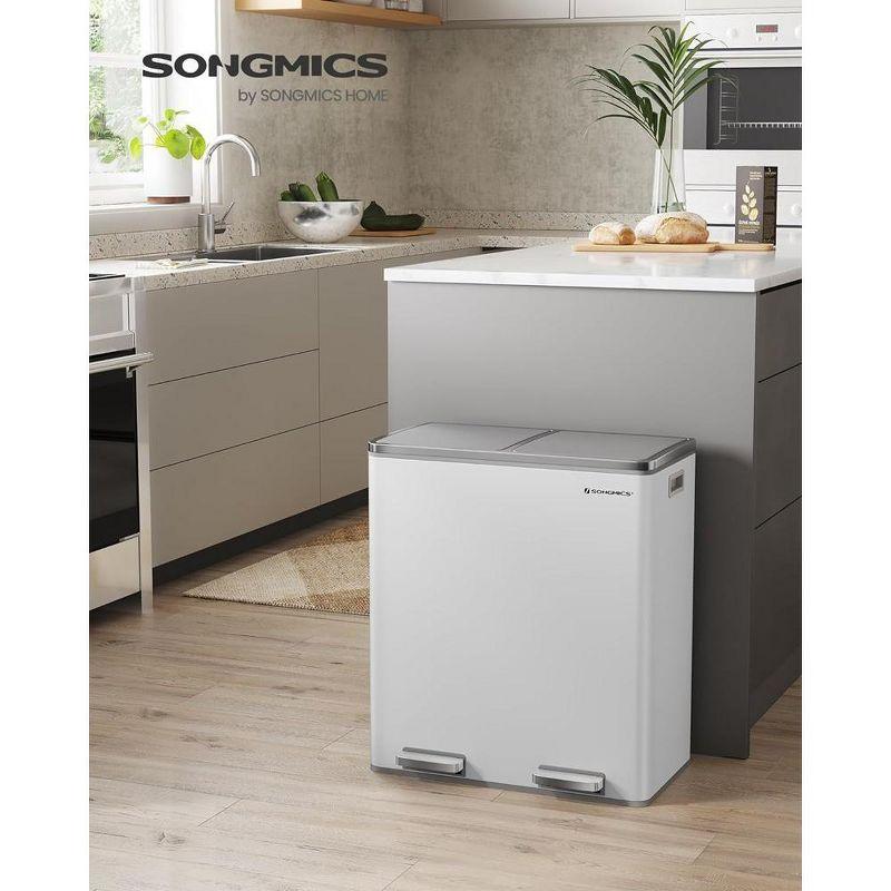 SONGMICS Dual Trash Can, 16 Gal (60L) Rubbish Bin and 15 Trash Bags, Metal Step Bin, with Dual Compartments, Airtight