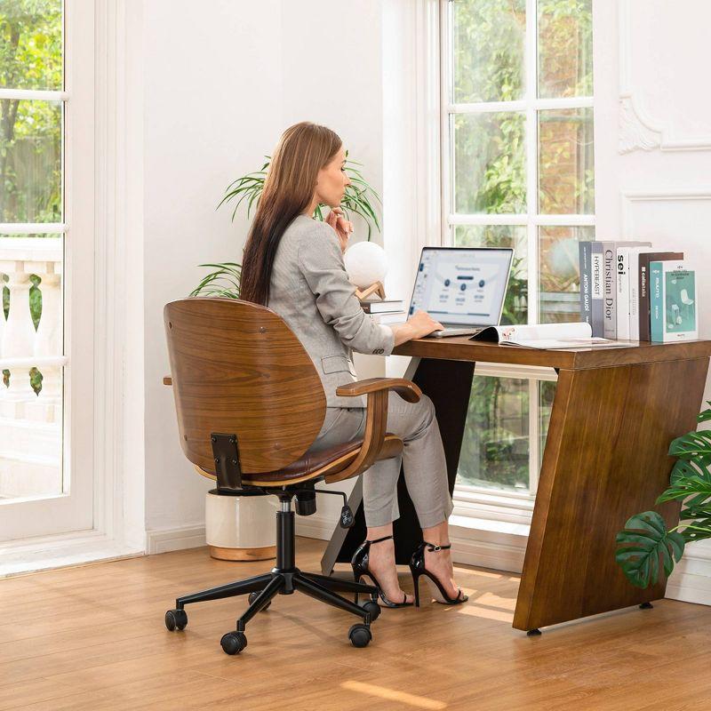 Russet Leatherette Mid-Century Swivel Office Chair with Bamboo Armrest