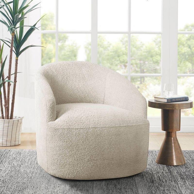 Cream Microfiber Barrel Swivel Accent Chair with Wood Base