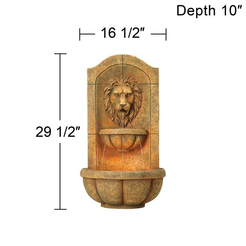 Lion Head Rustic Faux Stone 2-Tier Wall Water Fountain with LED Light