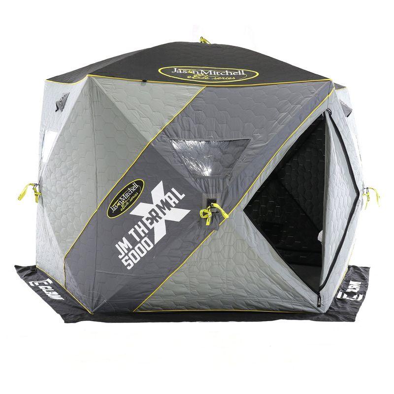 CLAM 14471 Portable 4 to 6 Person 9 Foot Jason Mitchell X5000 Ice Fishing Angler Thermal Hub Shelter Tent with Anchors, Tie Ropes, and Carrying Bag