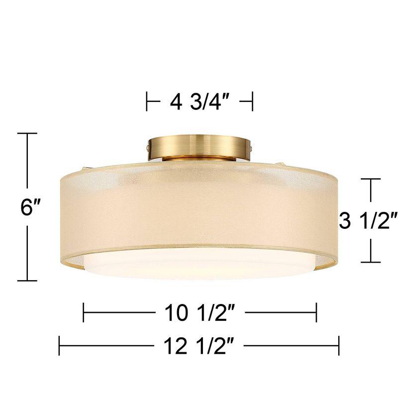 Possini Euro Design Ceiling Light Semi Flush Mount Fixture 12 1/2" Wide Plated Gold 2-Light Sheer Fabric Outer Opal White Glass Drum Shade for Bedroom