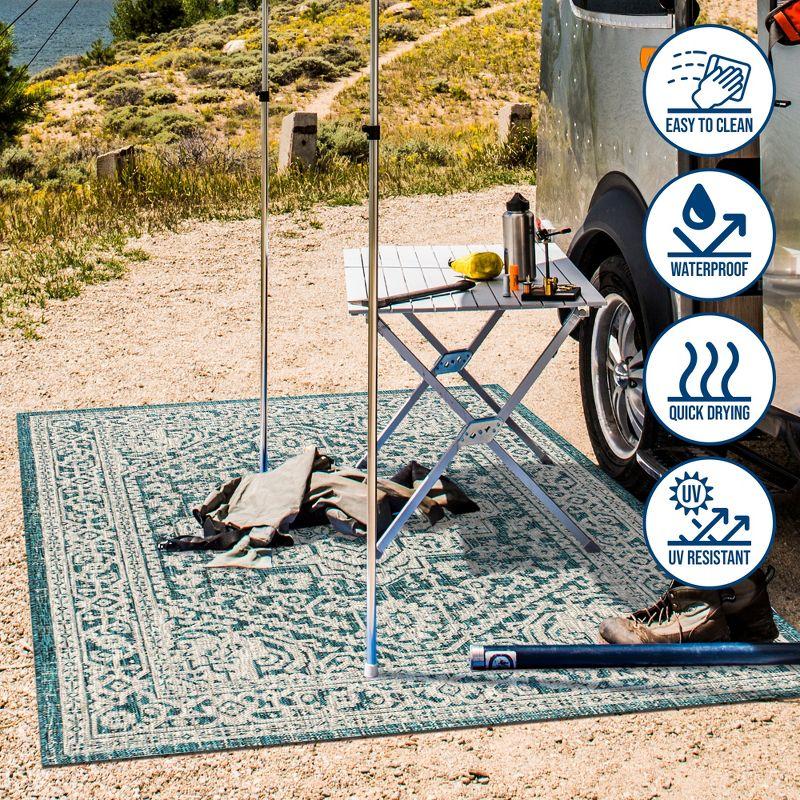 4'x6' Sinjuri Medallion Textured Weave Indoor/Outdoor Area Rug,  Teal Blue/Gray - JONATHAN Y