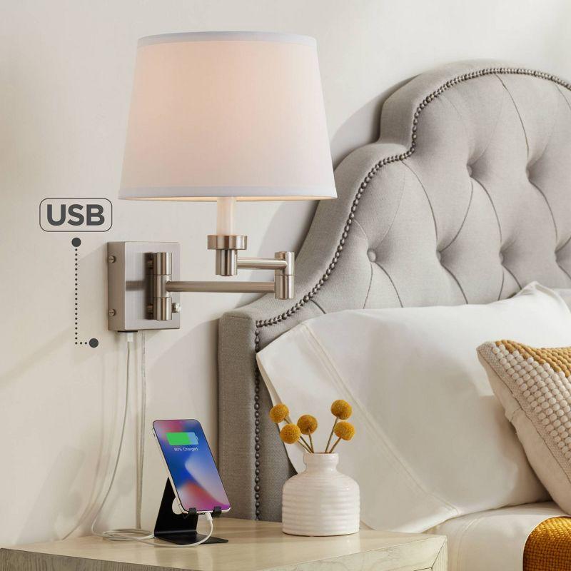 Brushed Nickel Swing Arm Wall Lamp with USB and White Shade