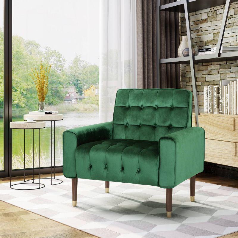 Emerald Velvet Button-Tufted Accent Chair with Wood Legs