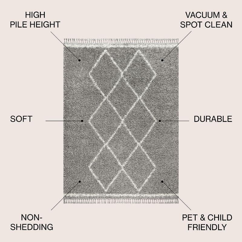 4'x6' Mercer Shag Plush Tassel Moroccan Geometric Trellis Area Rug, Grey/Cream - JONATHAN Y