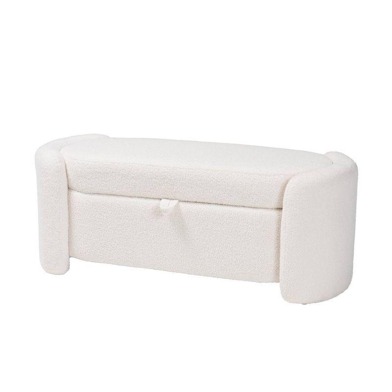 Ivory Boucle Upholstered Ellipse Storage Bench with Oak Frame