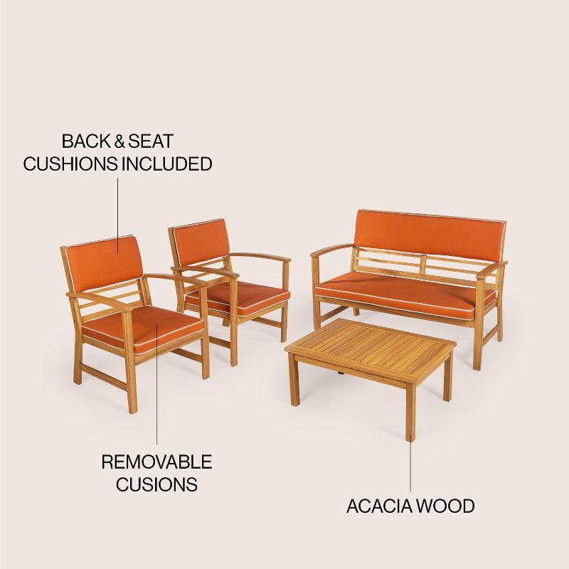 Barclay 4-Piece Modern Coastal Acacia Wood Conversation Outdoor Patio Set with Cushions - JONATHAN Y