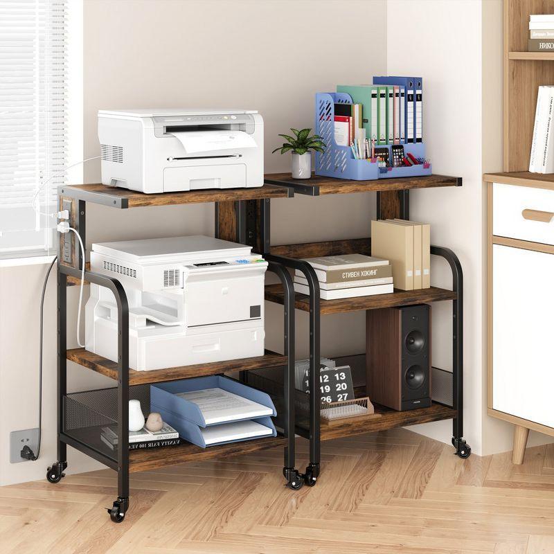 Brown MDF 3-Tier Rolling Printer Stand with Charging Station