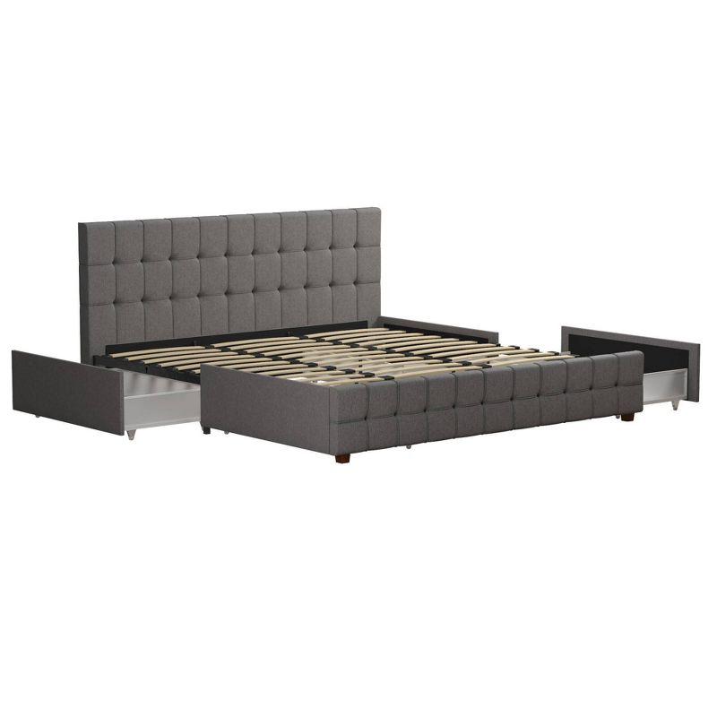 King-Size Gray Linen Upholstered Storage Bed with Tufted Design & 4 Drawers