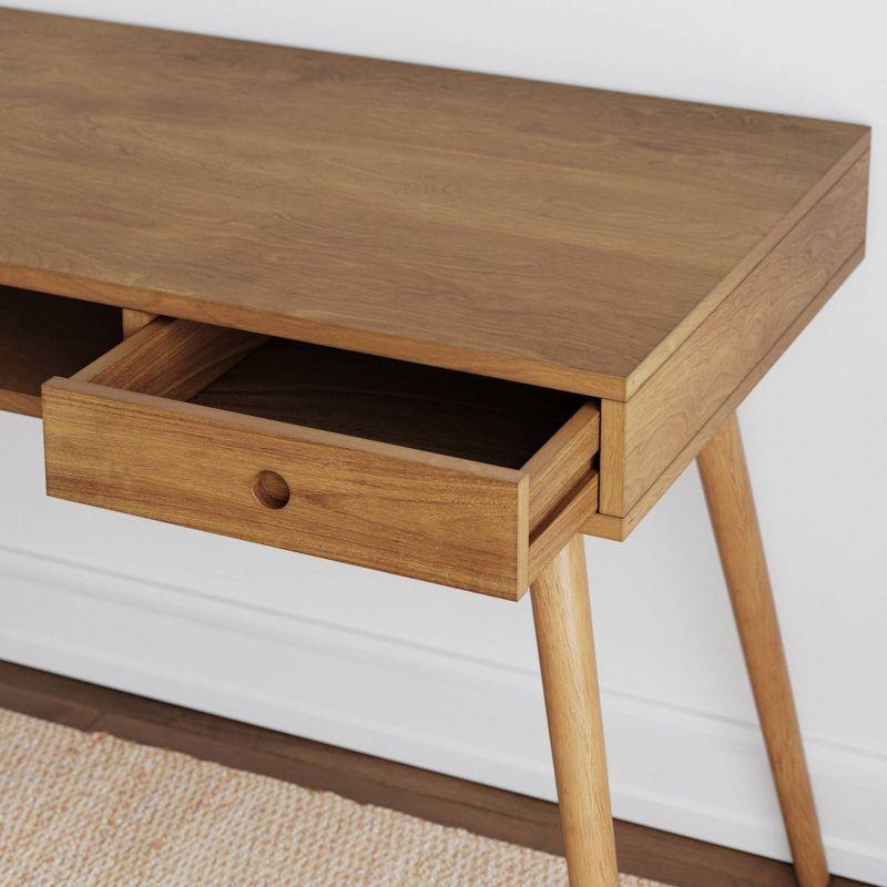 Nathan James Parker Mid-Century Desk with Drawer Acacia Light Brown: MDF Top, Solid Wood Legs, Home Office Furniture