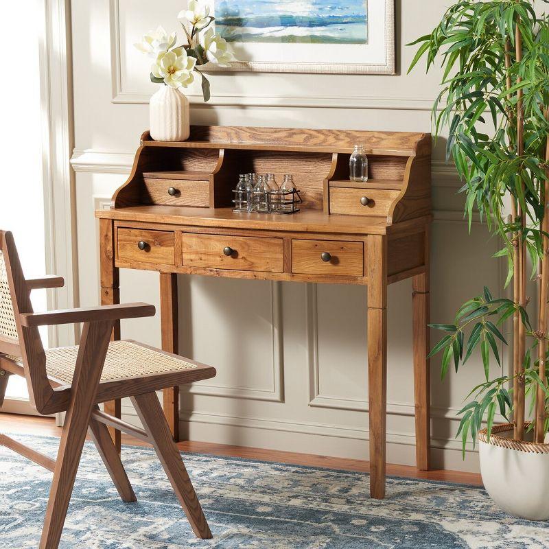 Transitional Oak 5-Drawer Writing Desk with Hutch and Cubbies