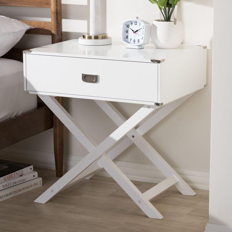 Curtice 1 Drawer Wooden Nightstand White - Baxton Studio: Bedside Table with X-Base, Modern Design, Includes Anti-Tip Hardware