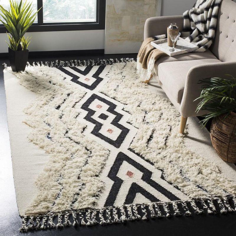 Ivory and Black Hand-Knotted Wool Geometric Area Rug