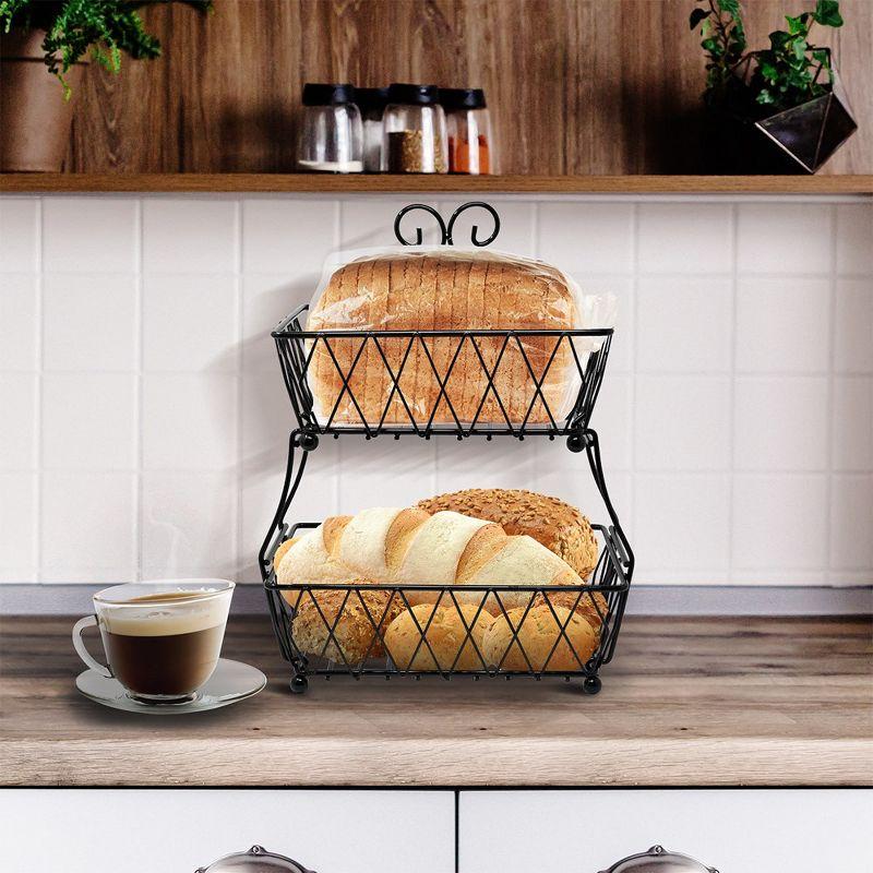 2-Tier Fruit Bread Basket Display Stand, Counter Storage for Kitchen, Bathroom, Rectangular Antique Metal