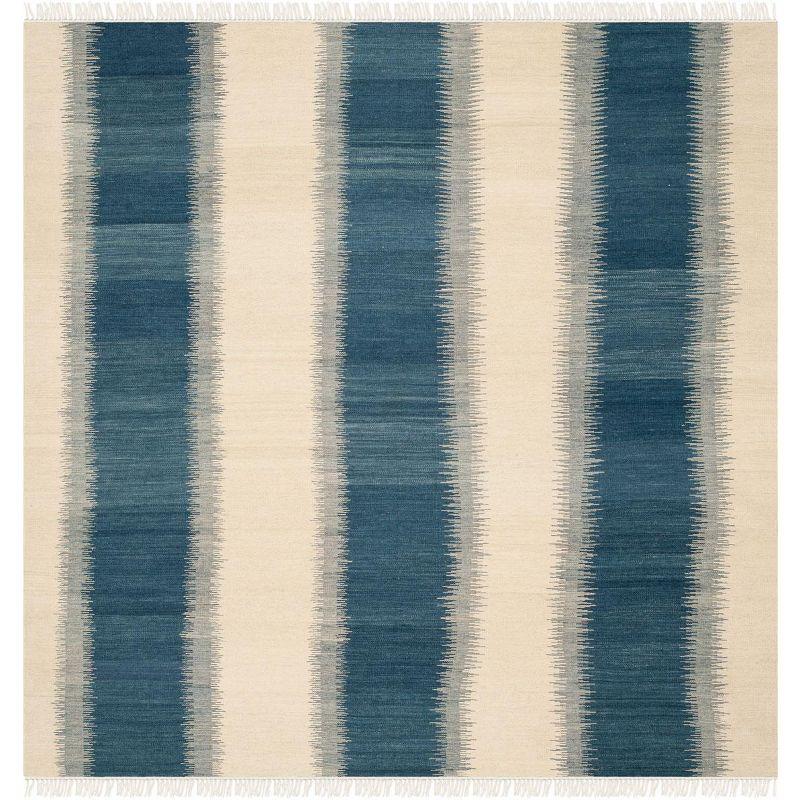 Handwoven Blue and Ivory Wool Geometric Square Rug