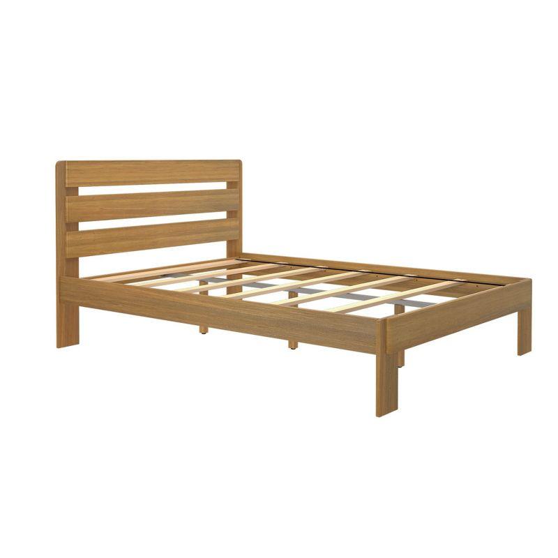 Pine Wood Queen Bed Frame with Plank Headboard in Pecan