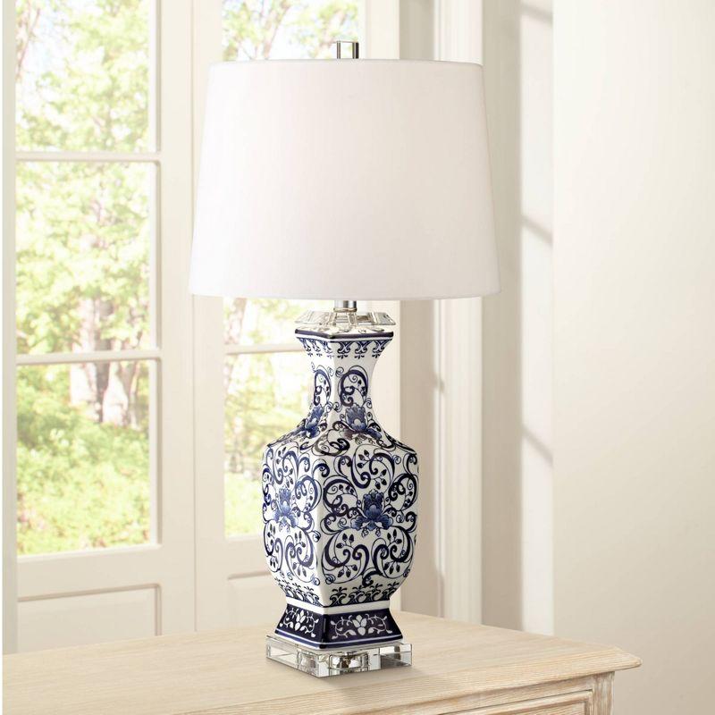 Barnes and Ivy Table Lamps 28" Tall Set of 2 Porcelain Blue Floral Jar Geneva White Drum Shade for Living Room Family Bedroom Bedside