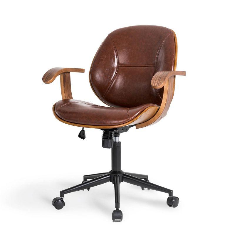 Russet Leatherette Mid-Century Swivel Office Chair with Bamboo Armrest