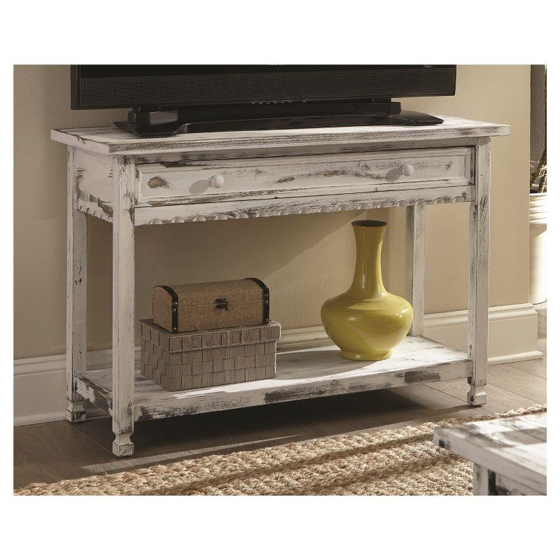 Antique White Cottage-Inspired Media Console with Storage Shelf