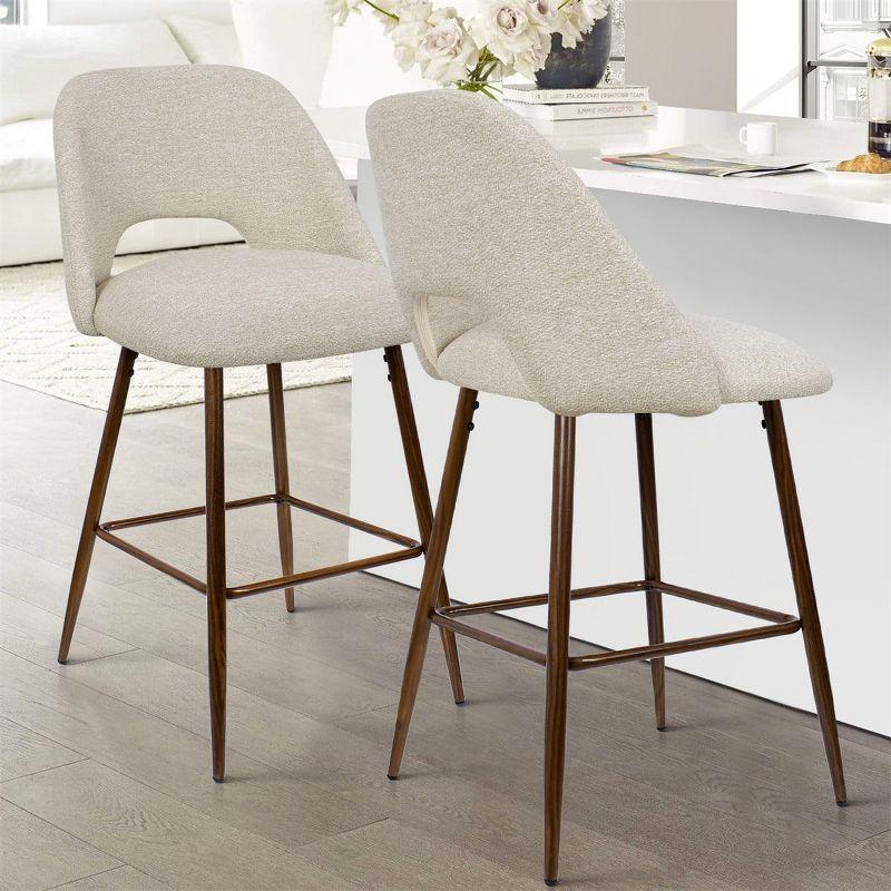 Beige Upholstered Counter Stools with Walnut Legs, Set of 2