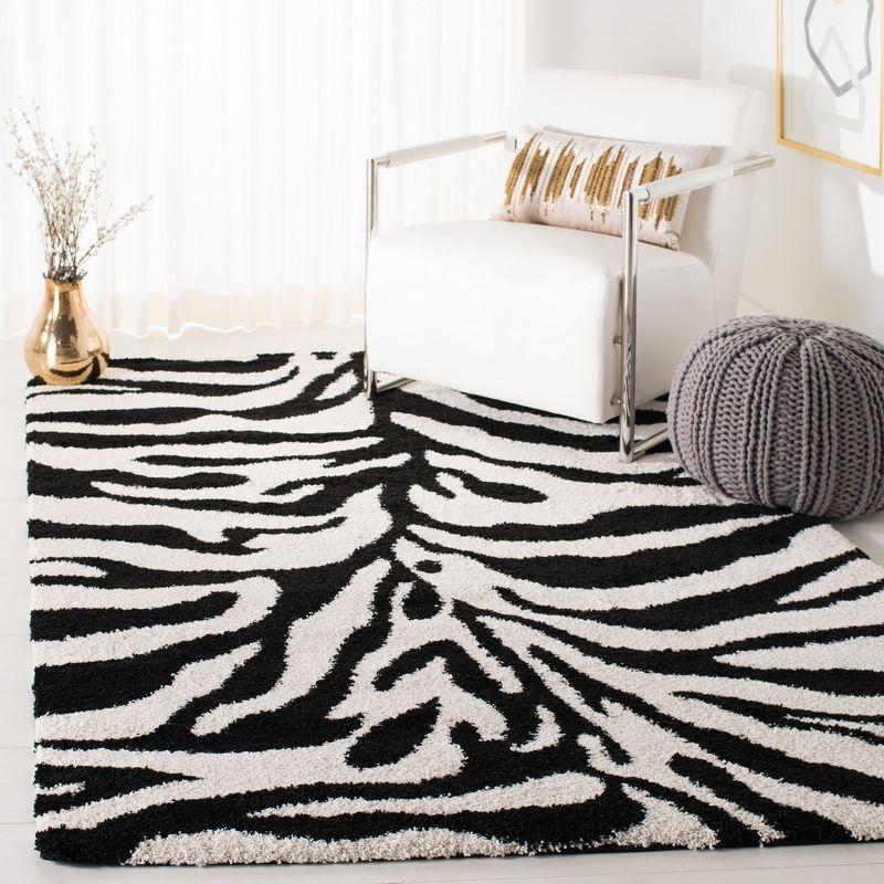 Ivory and Black Zebra Stripe Shag Area Rug, 4' x 6'