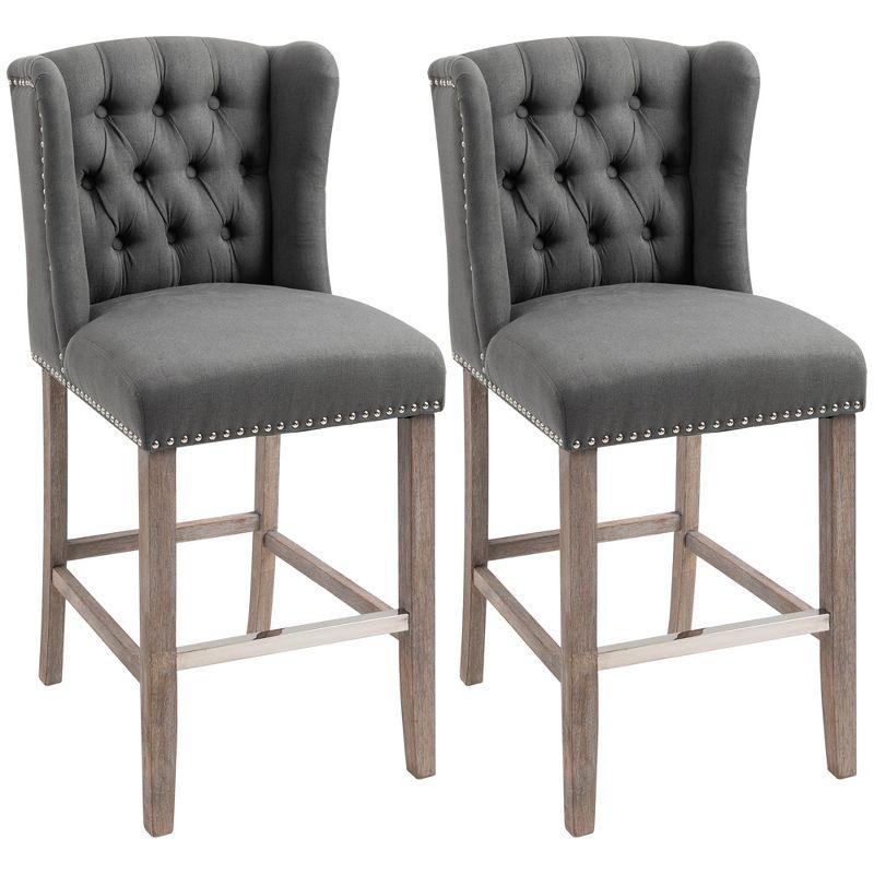 HOMCOM Counter Height Bar Stools Set of 2, Upholstered 26.75" Seat Height Barstools, Breakfast Chairs with Nailhead-Trim & Tufted Back, Wood Legs