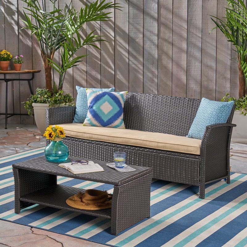GDFStudio Raina Outdoor Wicker 3 Seater Sofa and Coffee Table with Water-Resistant Cushions, Brown/Tan