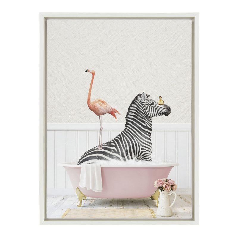 Kate and Laurel Sylvie Zebra and Flamingo in Cottage Rose Bath Framed Canvas by Amy Peterson Art Studio, 18x24, White