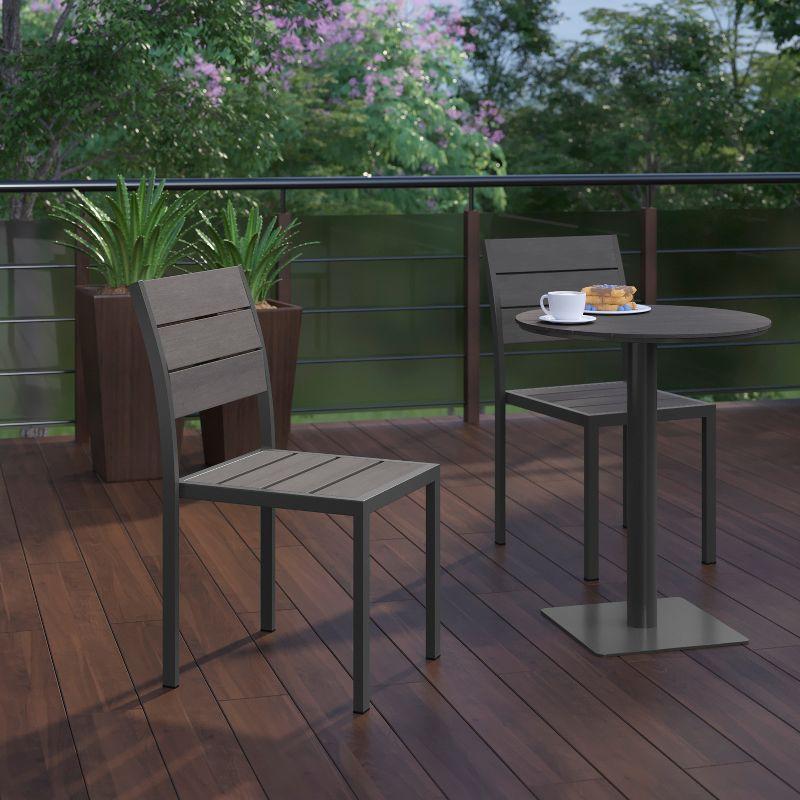 Gray Metal Armless Stackable Patio Chair with Faux Teak Slats