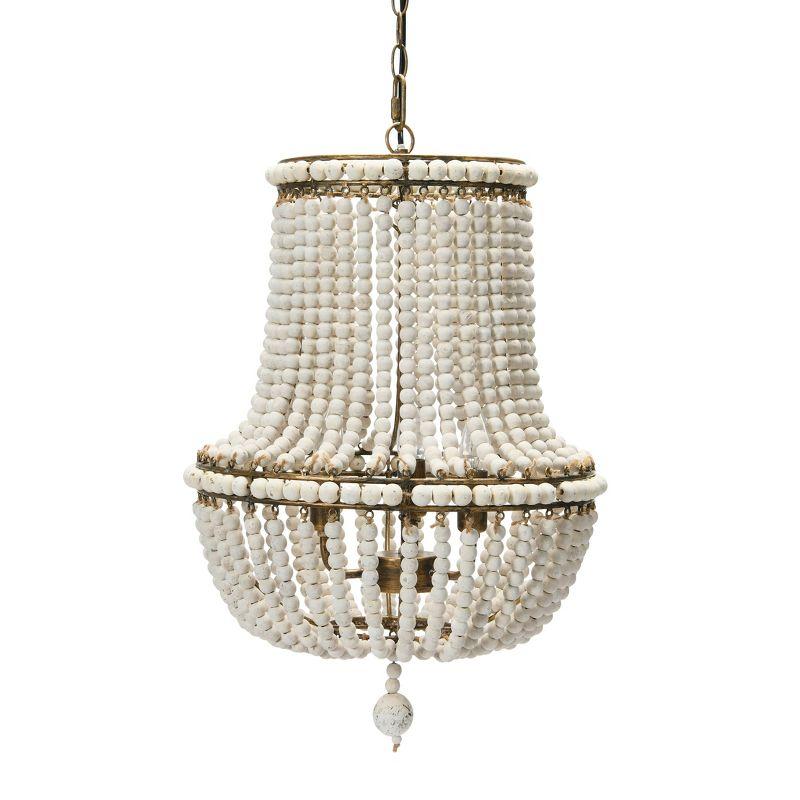 Off-White Draped Wood Bead Chandelier with Iron Frame